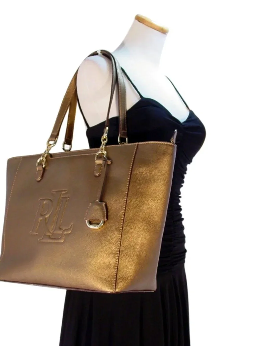 RLL Lauren Ralph Lauren Large Metallic Bronze Gold Leather Zip Tote Bag - Picture 8 of 11